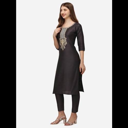 Fancy Silk Kurti - Silk Blend Fabric, Bottom Length 38, Top Length 44, Available Sizes Xs To 5xl, Comfortable Ethnic Style, Three-quarter Sleeves, Black Color, Embroidered Design