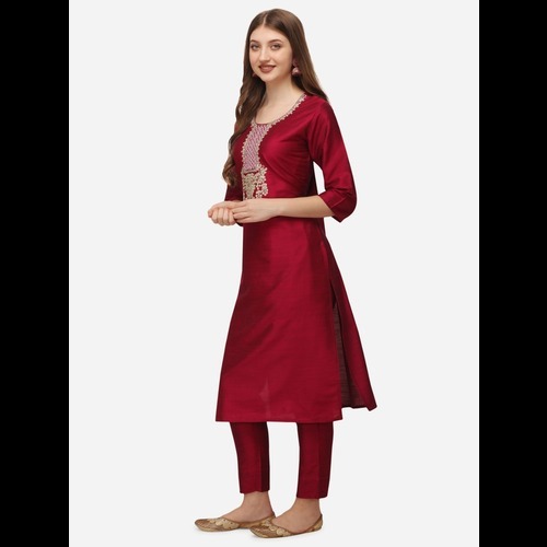 Fancy Silk Kurti - Silk Blend Fabric, Bottom Length 38, Top Length 44, Available Sizes Xs To 5xl, Comfortable Ethnic Style, Three-quarter Sleeves, Black Color, Embroidered Design