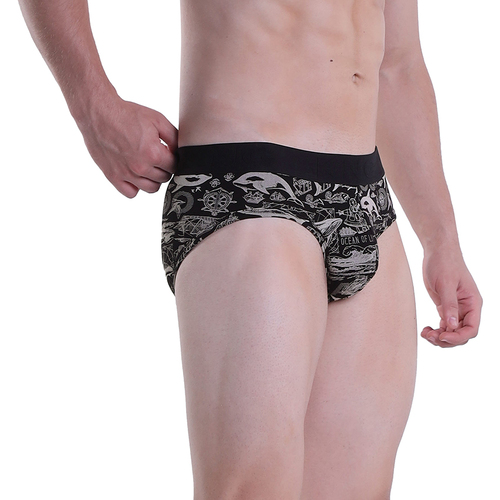 Black Printed Brief Underwear - Bamboo Fiber, Mid Rise Waist, Black Color | 100% Organic, Pack of 3, Long Lasting Colors, Elastic Fit, Functional Fly Opening