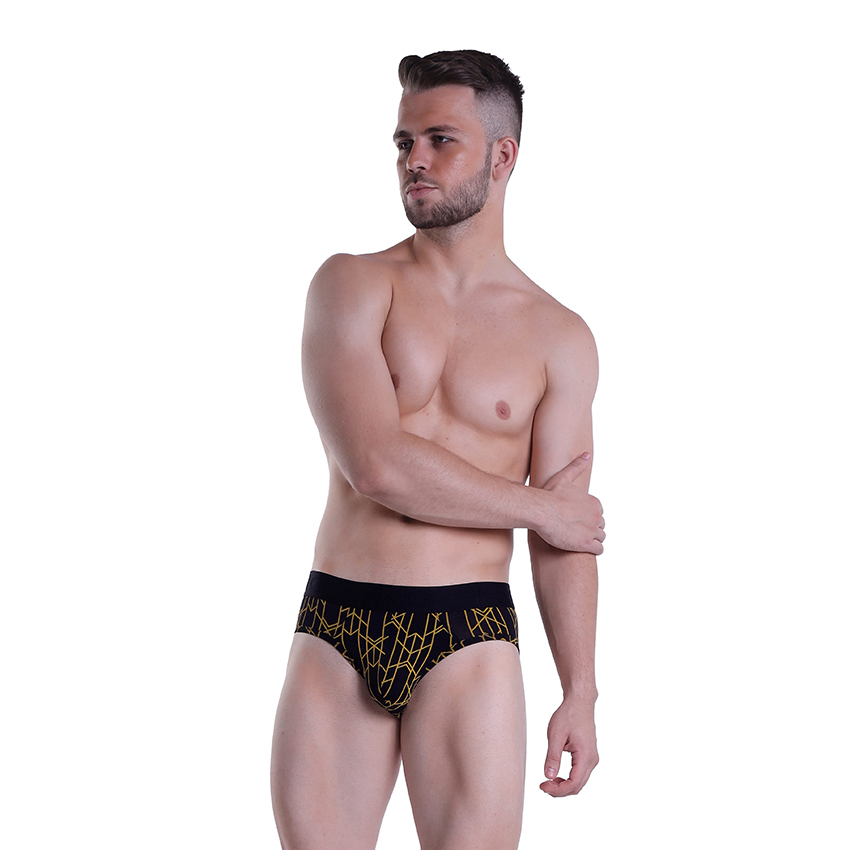 Golden Abstract Printed Brief Underwear - Bamboo Fiber, S/m/l/xl Sizes, Yellow Color, Mid Rise Waist, Pack Of 3 Pieces, Daily Use Comfort