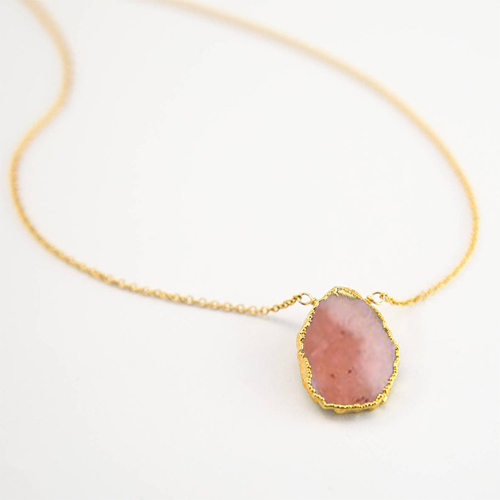 Pink Opal Gemstone Slice Sterling Silver Gold Vermeil Necklace Size: 12x15mm