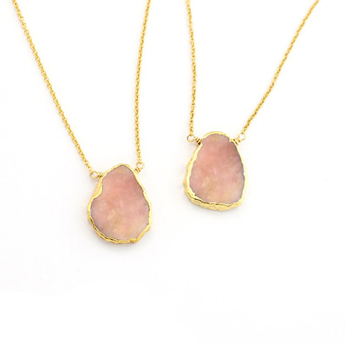 Pink Opal Gemstone Slice Sterling Silver Gold Vermeil Necklace Size: 12x15mm