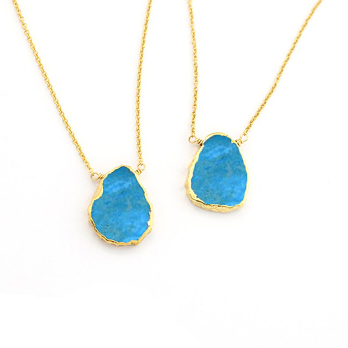 Turquoise Gemstone Slice Sterling Silver Gold Vermeil Necklace Size: 12x15mm