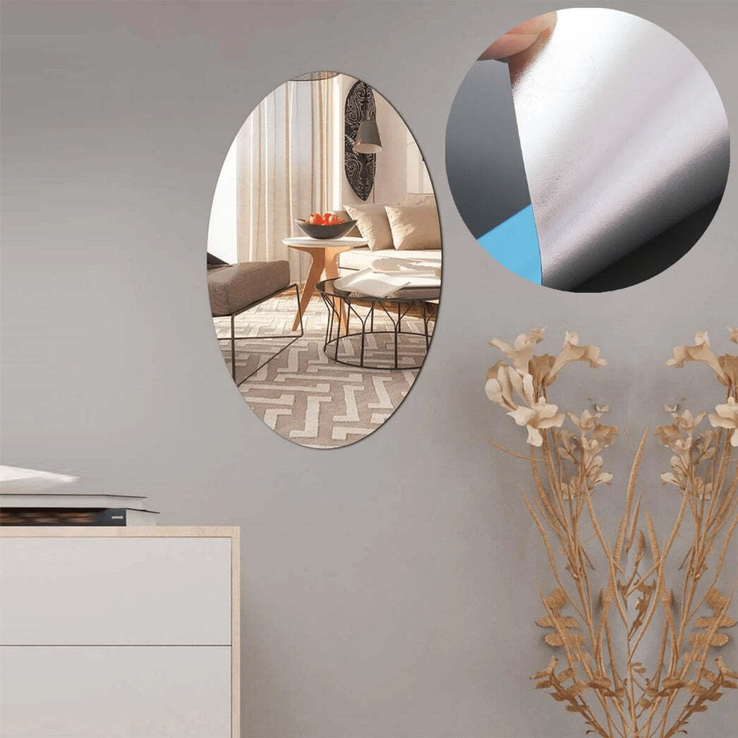 Adhesive Bathroom Mirror Wall (1727) - Oval Plastic Sheet, Multi/assorted Color | Unbreakable, Waterproof, Strong Viscosity, Easy Installation, Reflective Surface