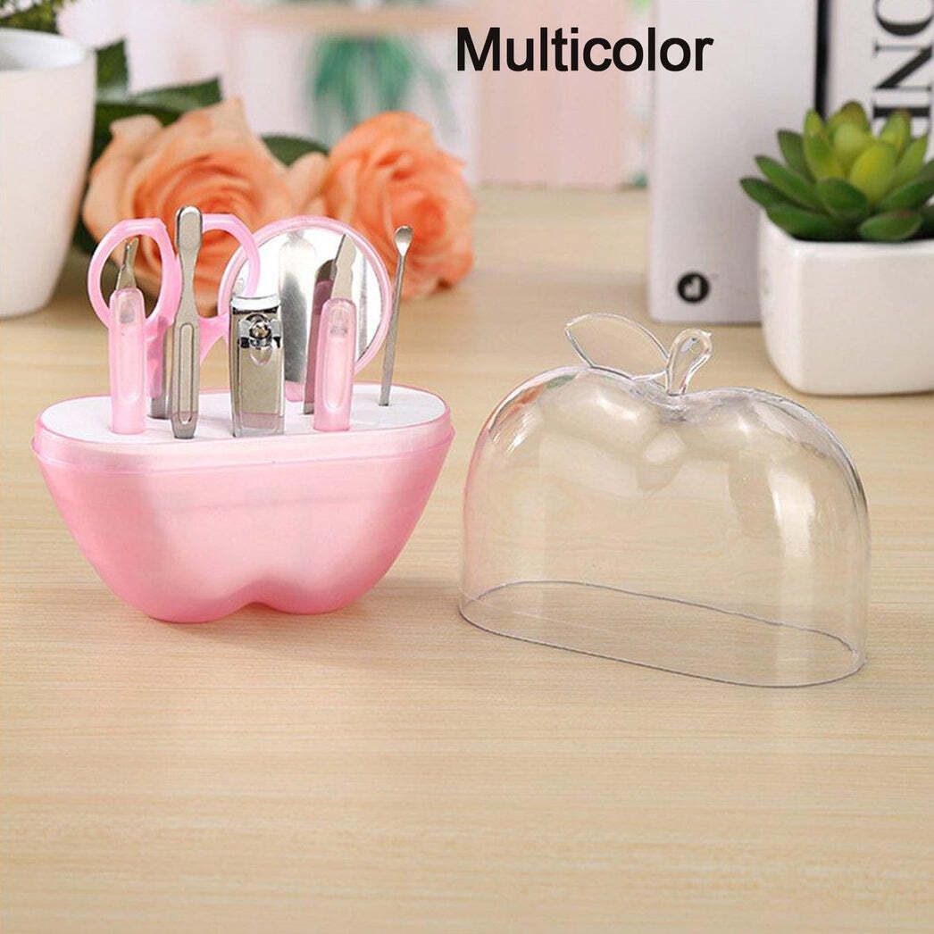 8 In 1 Apple Shape Manicure Set (1491) - Stainless Steel, Compact Size, Multi-color | Includes Nail Clippers, Eyebrow Shaper, Leather Case, Travel Friendly