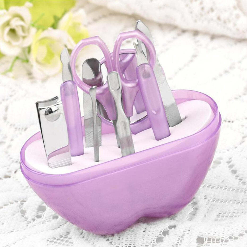 8 In 1 Apple Shape Manicure Set (1491) - Stainless Steel, Compact Size, Multi-color | Includes Nail Clippers, Eyebrow Shaper, Leather Case, Travel Friendly