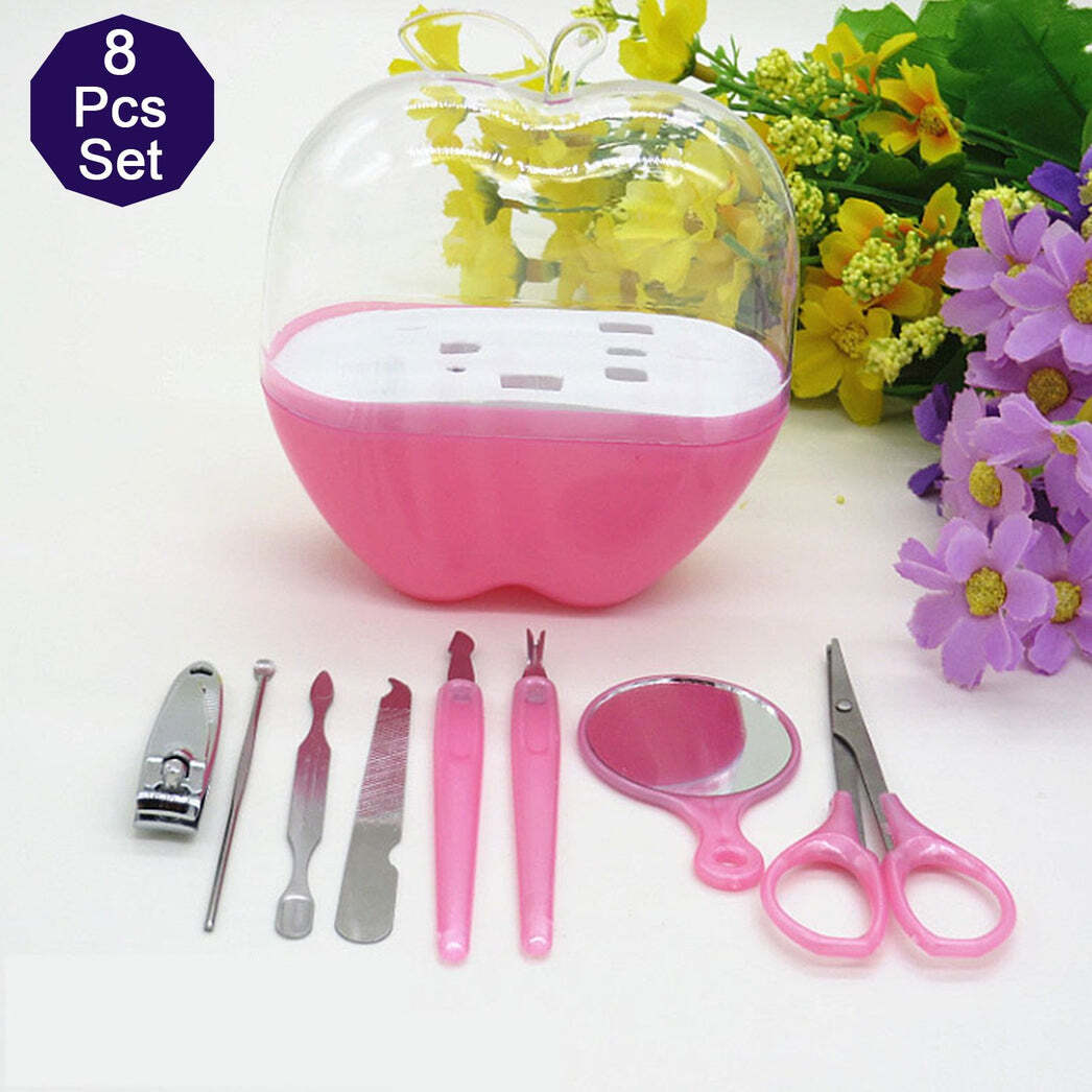 8 In 1 Apple Shape Manicure Set (1491) - Stainless Steel, Compact Size, Multi-color | Includes Nail Clippers, Eyebrow Shaper, Leather Case, Travel Friendly
