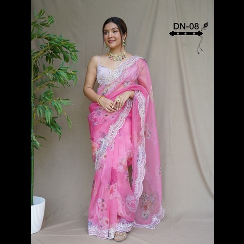 Organda Saree - Organdy, Purple Color, Floral Print, Sheer Transparency | Traditional Ethnic Style, Suitable For All Seasons, Wedding And Festive Occasions, Handwork Sequence Work