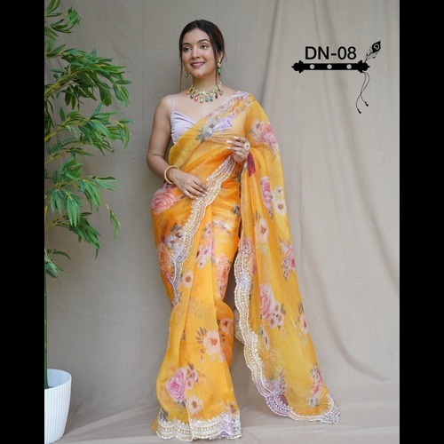 Organda Saree - Organdy, Purple Color, Floral Print, Sheer Transparency | Traditional Ethnic Style, Suitable For All Seasons, Wedding And Festive Occasions, Handwork Sequence Work