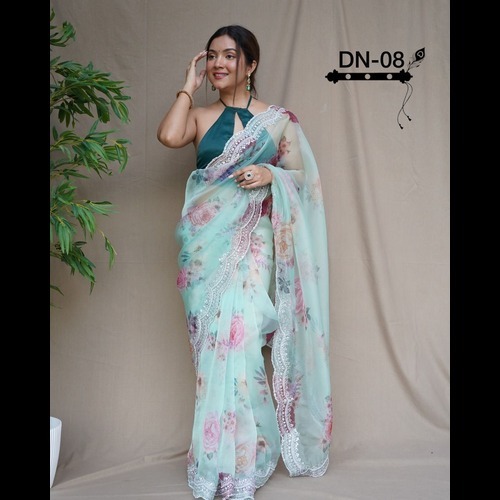 Organda Saree - Organdy, Purple Color, Floral Print, Sheer Transparency | Traditional Ethnic Style, Suitable For All Seasons, Wedding And Festive Occasions, Handwork Sequence Work