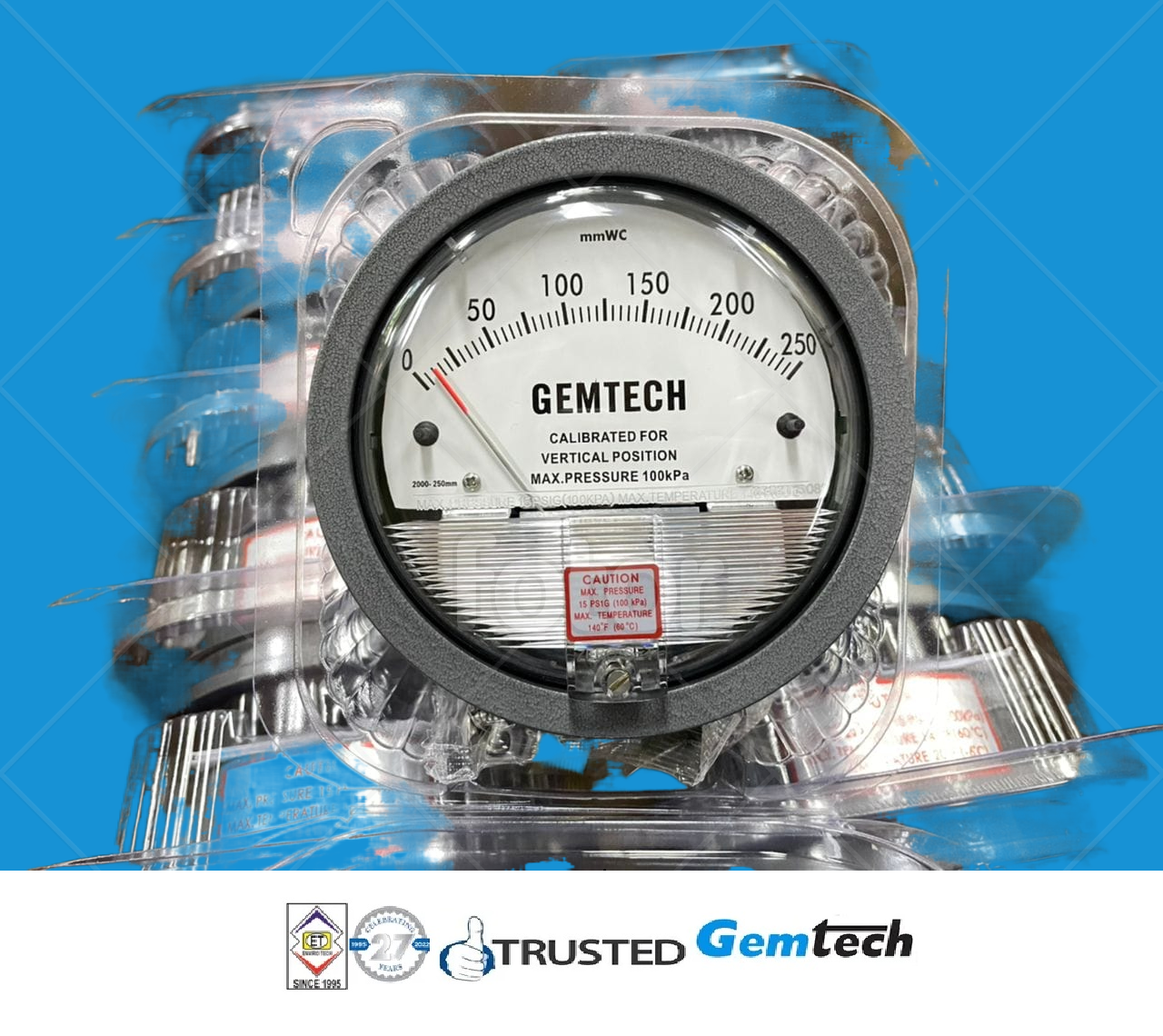 Gemtech Differential Magnehelic Pressure Gauge - Metal Alloy, 4 Inch Diameter, Black Color, 0-20 Kilopascals Range | Accurate To ±2% Full Span, Antiknock Design, Easy Installation With Dual Pressure Ports