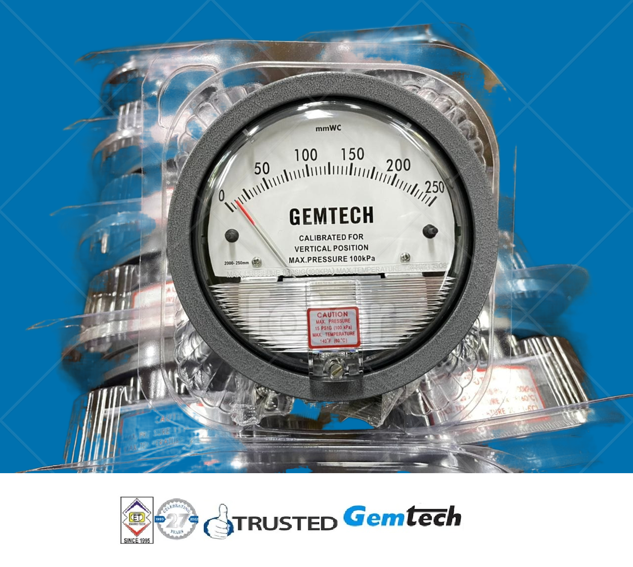 Gemtech Differential Magnehelic Pressure Gauge - Metal Alloy, 4 Inch Diameter, Black Color, 0-20 Kilopascals Range | Accurate To ±2% Full Span, Antiknock Design, Easy Installation With Dual Pressure Ports