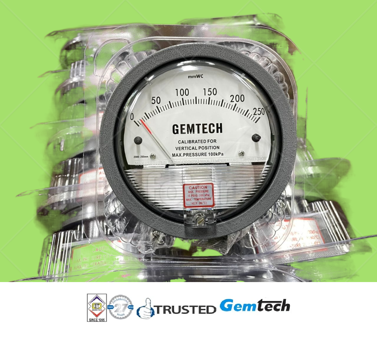 Gemtech Differential Magnehelic Pressure Gauge - Metal Alloy, 4 Inch Diameter, Black Color, 0-20 Kilopascals Range | Accurate To ±2% Full Span, Antiknock Design, Easy Installation With Dual Pressure Ports