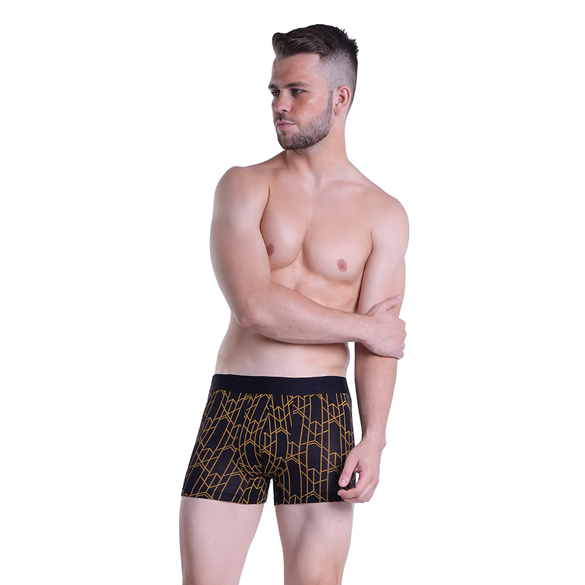 Golden Abstract Printed Trunk Underwear - Bamboo Fiber, Sizes S, M, L, Xl, Yellow Color, Printed Design, Mid Rise Waist, Pack Of 3 Pieces