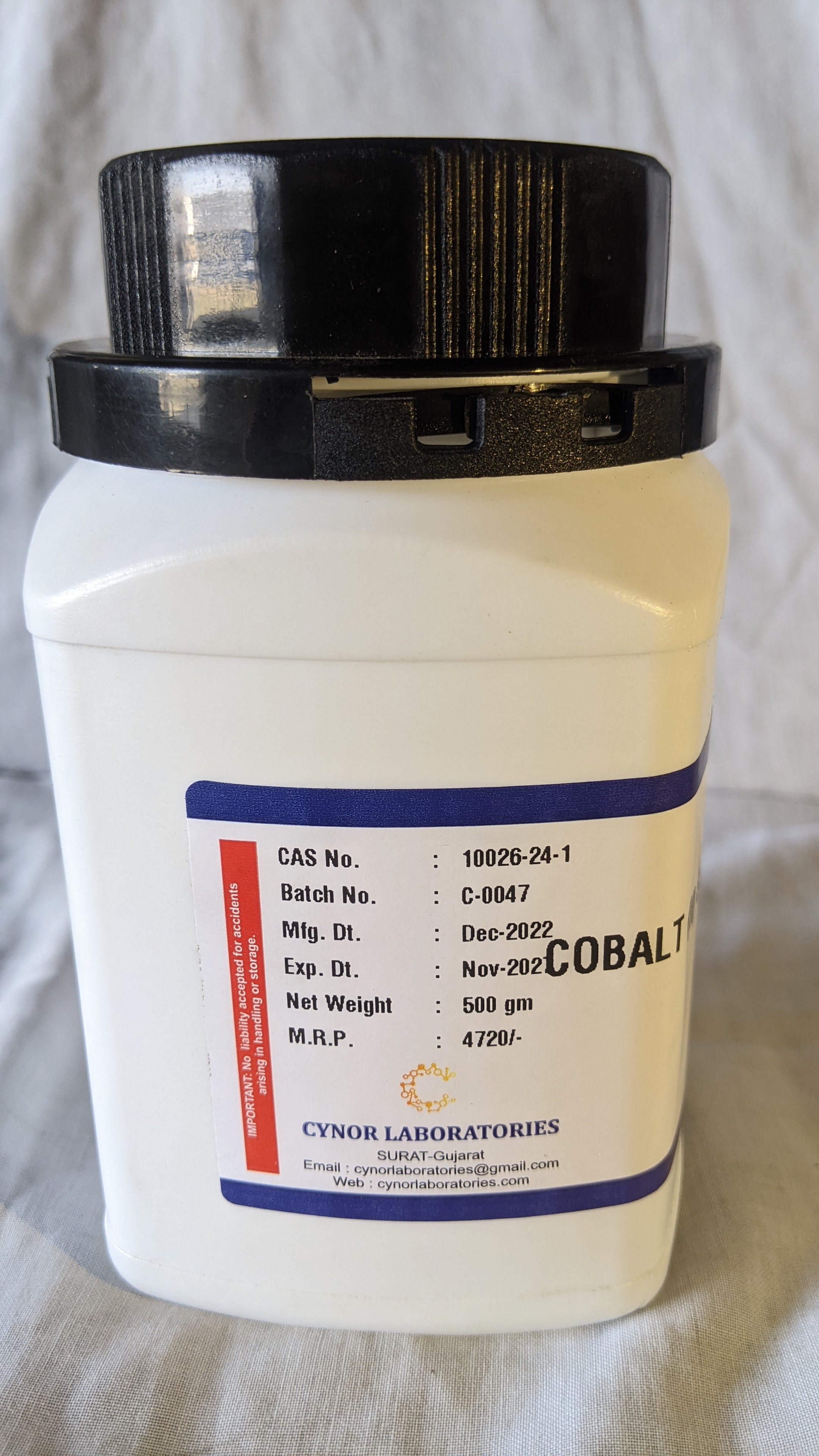 Cobalt Nitrate Hexahydrate - 500 Gm , Extra Pure 99% Grade Ar, Red-brown Delquescent Powder, Soluble In Water