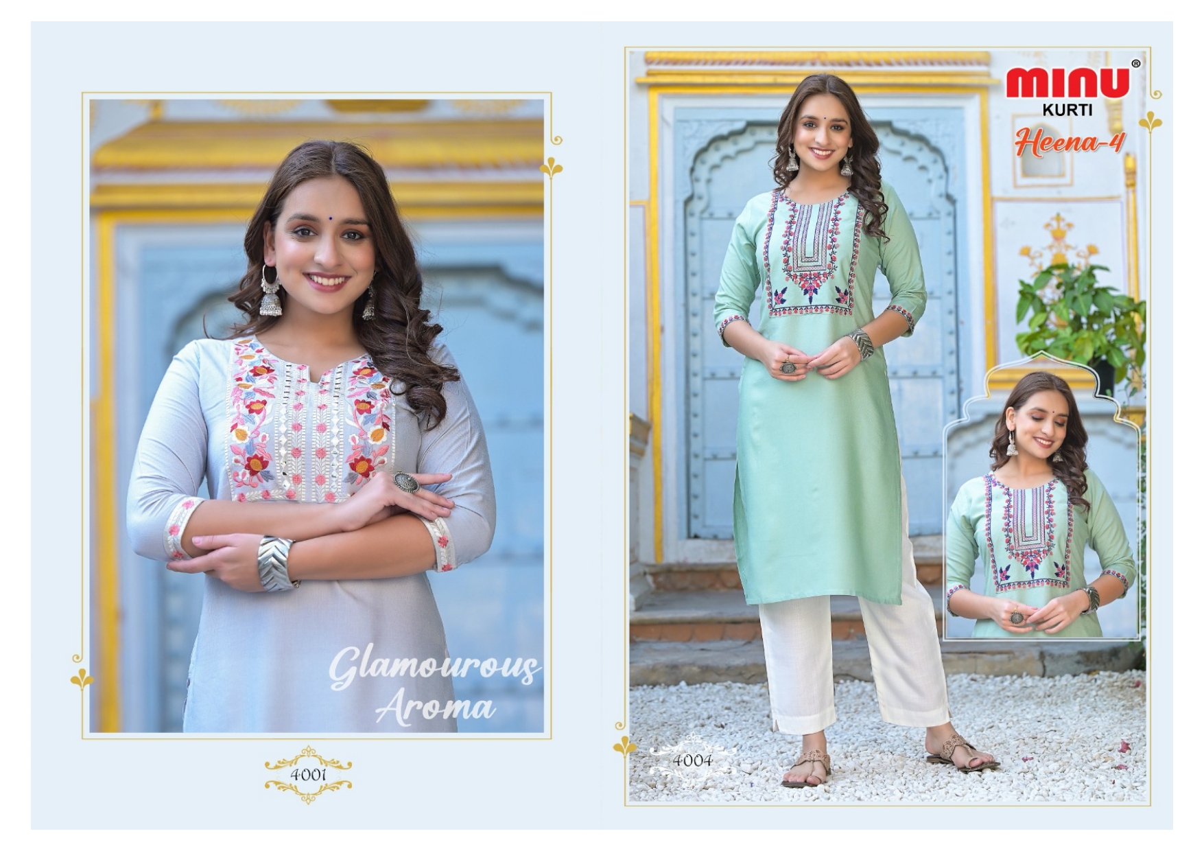 Heena-4 Long Embroidery Kurti - Rayon, Sizes M, L, Xl | Multi-color, Quick Dry, Washable, Long Sleeve, Modern Ethnic Style