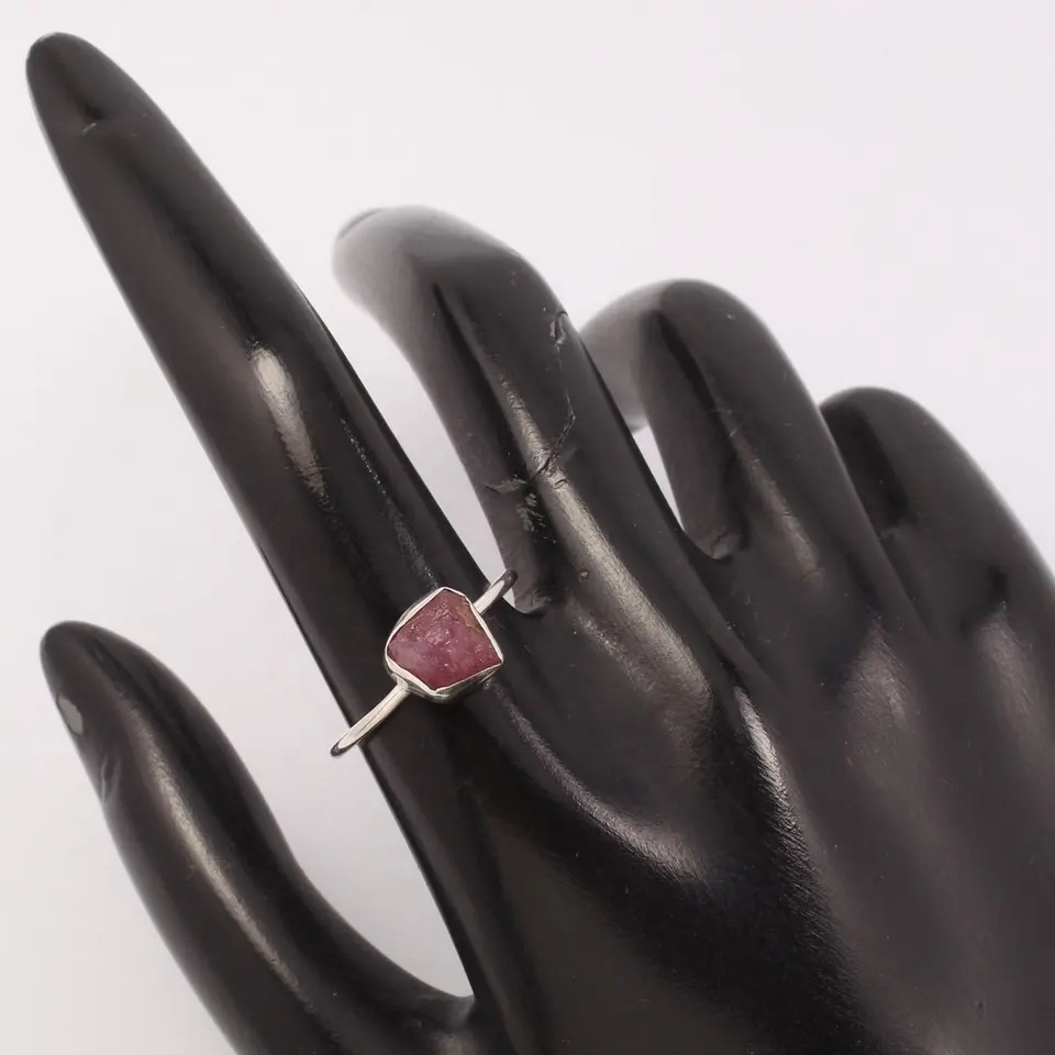 925 Sterling Silver Unique Cute Pink Tourmaline Stackable Rough Stone Ring Gender: Women
