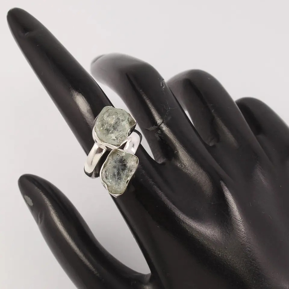 925 Sterling Silver Beautiful Adjustable Aquamarine Rough Stone Ring Gender: Women