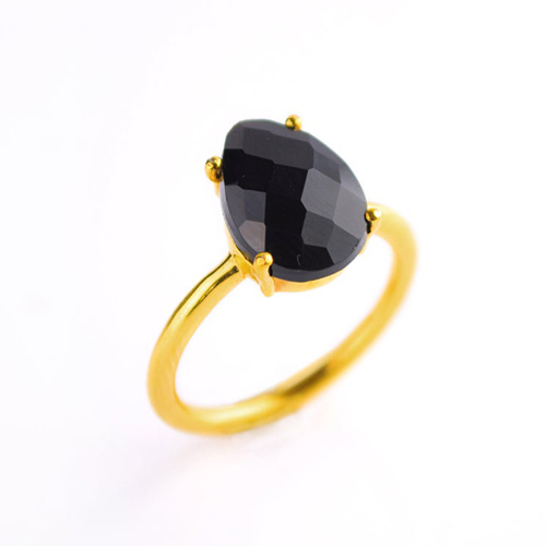 Pear Black Onyx Gemstone 9x13mm Teardrop Prong Set Gold Vermeil Ring
