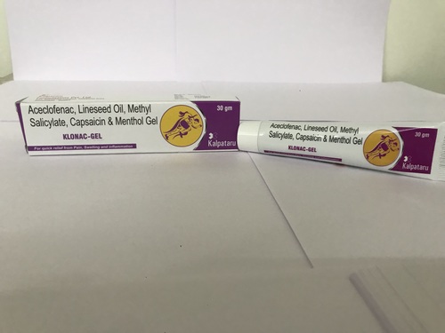 एसिक्लोफेनाक 1.5% डब्ल्यू/डब्ल्यू अलसी का तेल 3.0% डब्ल्यू/डब्ल्यू मिथाइल सैलिसिलेट 10.0% डब्ल्यू/डब्ल्यू कैपेसिसिन 0.01% डब्ल्यू/डब्ल्यू मेन्थॉल 5.0% डब्ल्यू/डब्ल्यू जेल