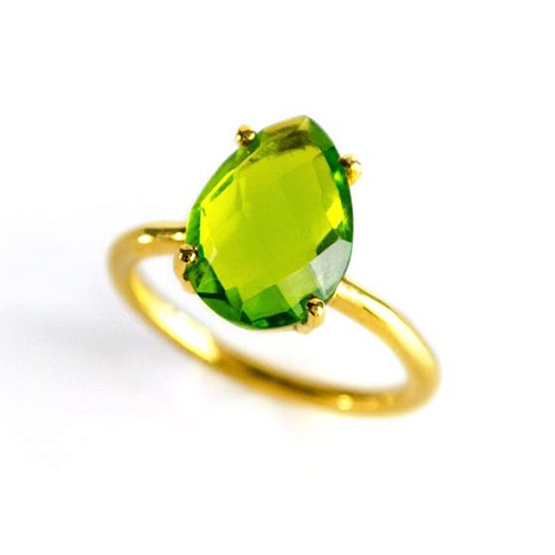 Pear Peridot Quartz Gemstone 9x13mm Teardrop Prong Set Gold Vermeil Ring