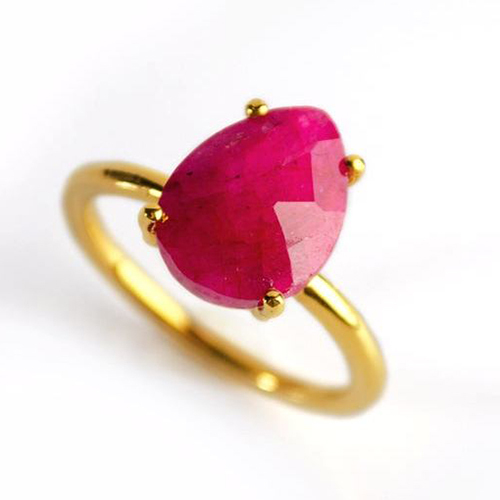 Dyed Ruby Gemstone Teardrop Ring - 9x13mm Prong Set, Sterling Silver & Gold Vermeil Options Available