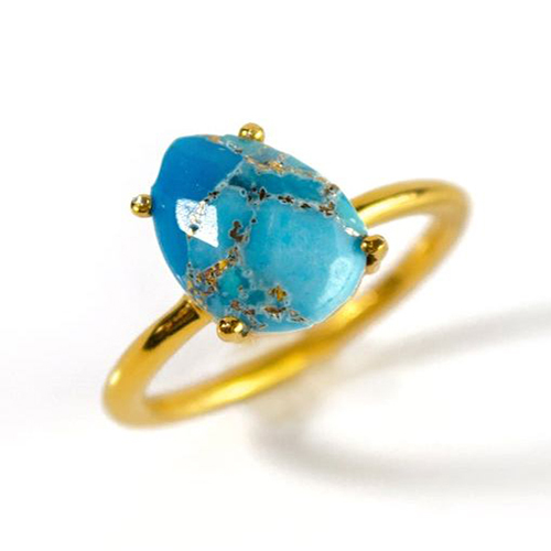 Pear Turquoise Gemstone 9x13mm Teardrop Prong Set Gold Vermeil Ring