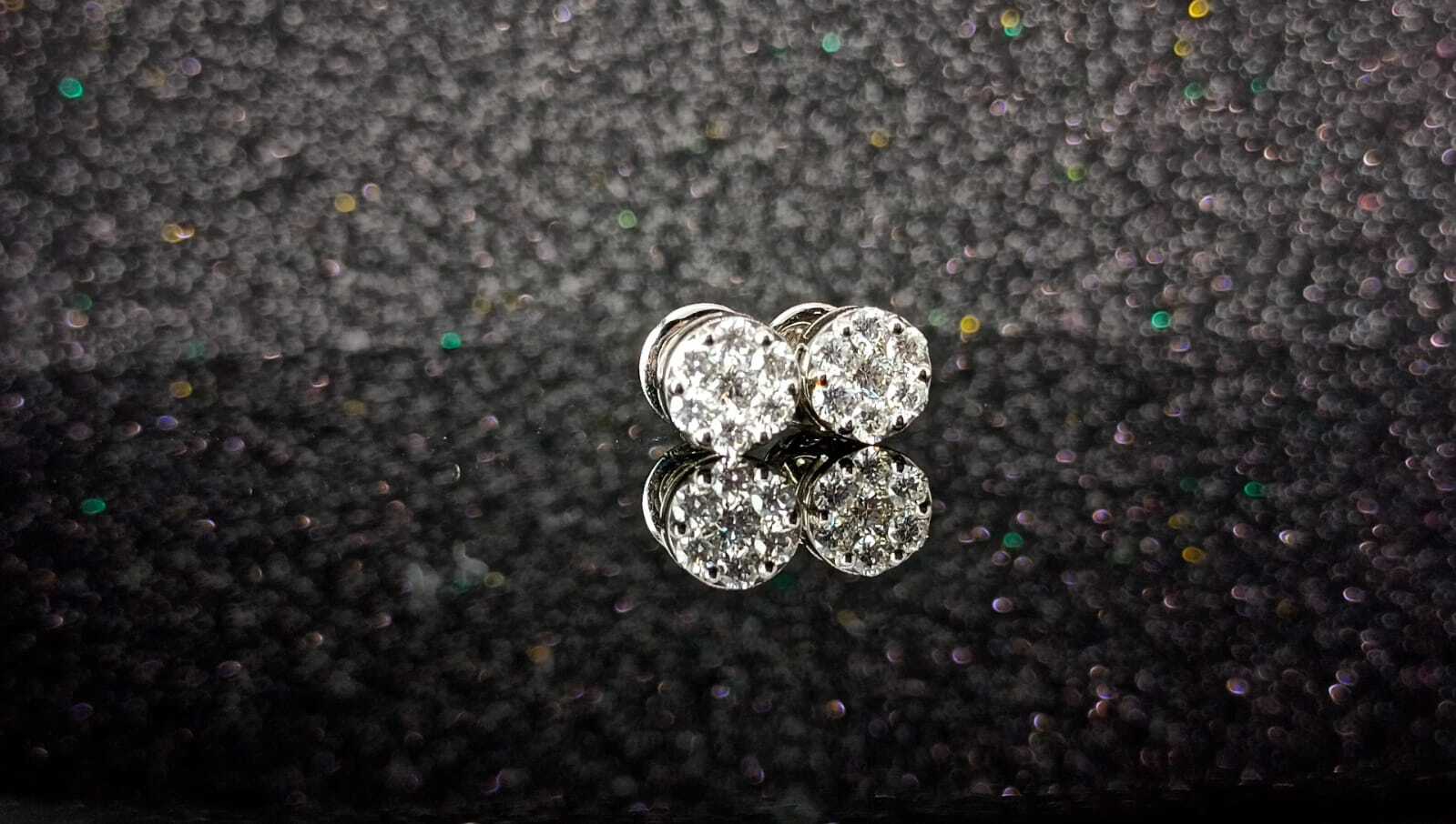 Natural Diamond Solitaire Look Pressure Setting White Gold Ear Studs Diamond Carat Weight: 0.99 Carat