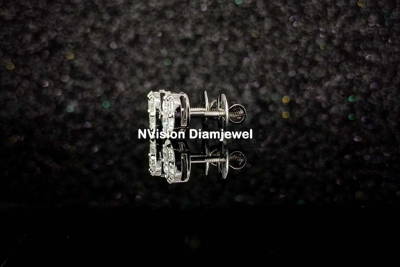 Natural Diamond Solitaire Look Pressure Setting White Gold Ear Studs Diamond Carat Weight: 0.99 Carat