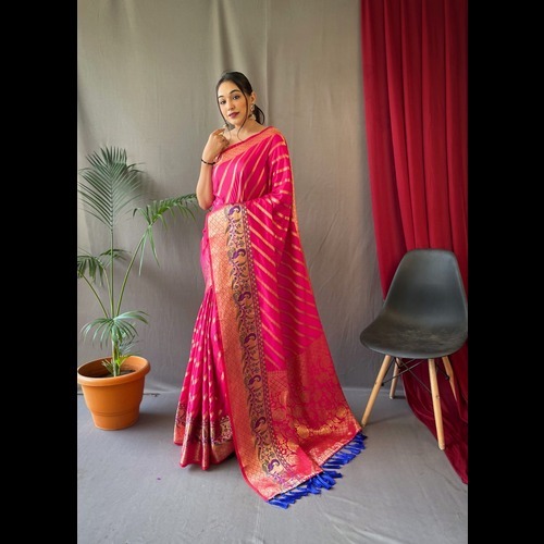 Pure Silk Saree - Silk Fabric, Red Color, Traditional Style With Gold Zari Zigzag Weaving, Rich Pallu With Tassels, Meenakari Border & Brocade Blouse