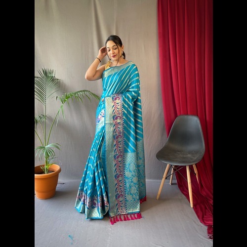 Pure Silk Saree - Silk Fabric, Red Color, Traditional Style With Gold Zari Zigzag Weaving, Rich Pallu With Tassels, Meenakari Border & Brocade Blouse