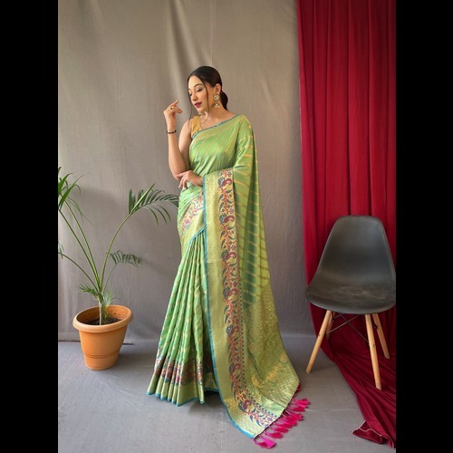 Pure Silk Saree - Silk Fabric, Red Color, Traditional Style With Gold Zari Zigzag Weaving, Rich Pallu With Tassels, Meenakari Border & Brocade Blouse