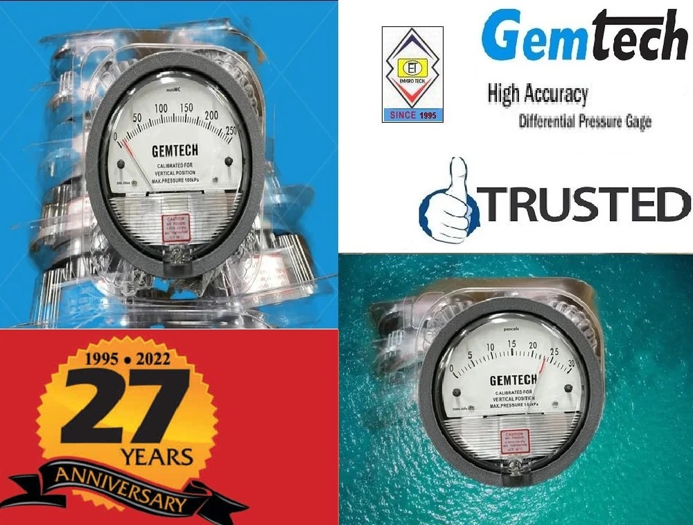 Gemtech Differential Pressure Gauge - Metal Alloy, 4 Inch Diameter, White/black Dial | High Accuracy ±2%, Back Mount Type, 81 Models Available