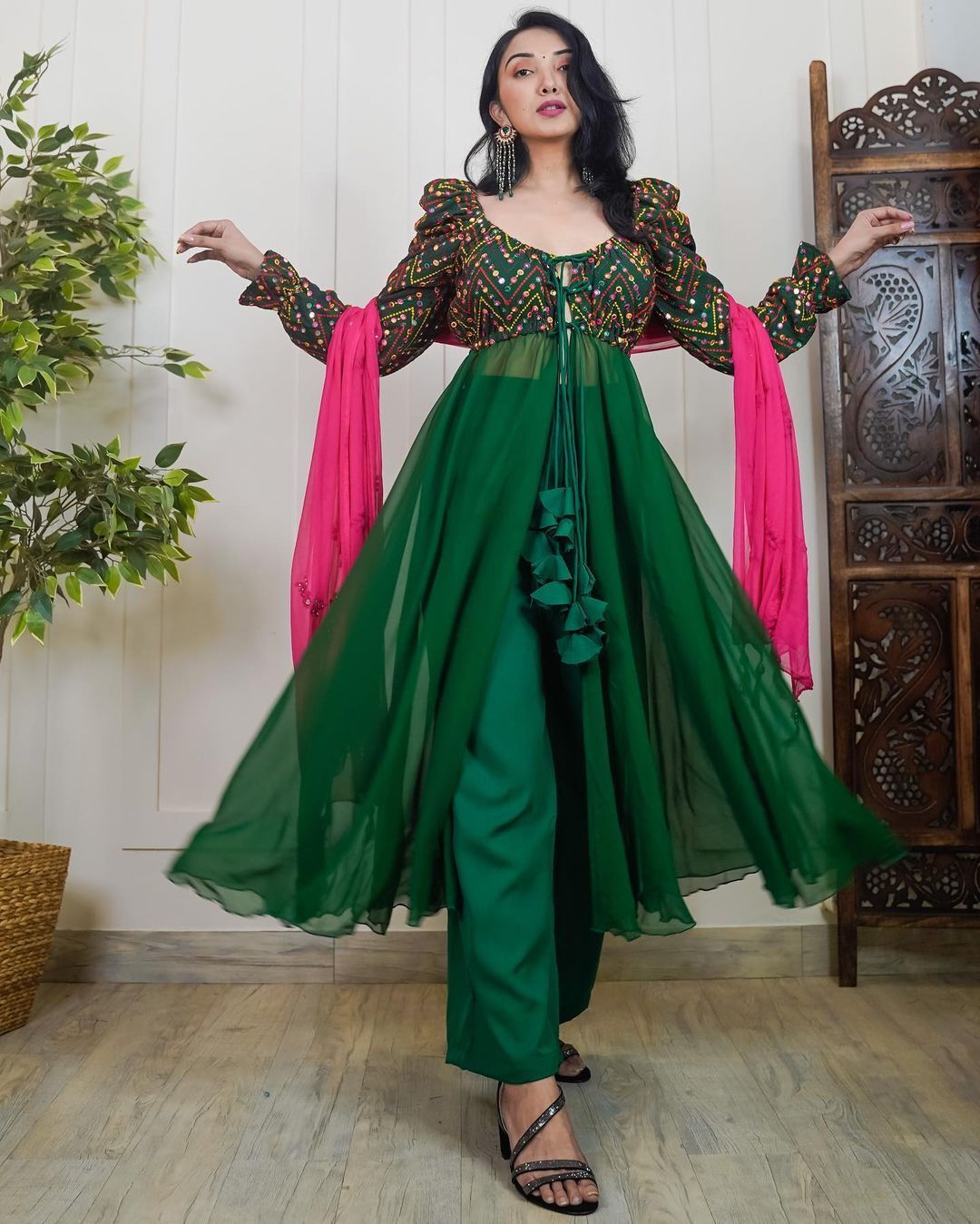 Embroidered Fox Georgette Full Set Gown - 50 Inch Length, Size M L Xl Xxl | Includes Palazzo Pant And Dupatta, 100% Quality, Washable, Perfect For Ladies