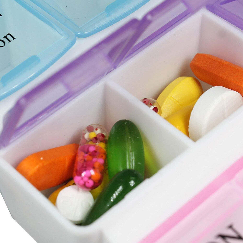 Pill Case - 4 Row 28 Squares, Transparent Body, Multicolored Design | Easy To Open, Visual Indications, Great For Pills Or Small Jewellery