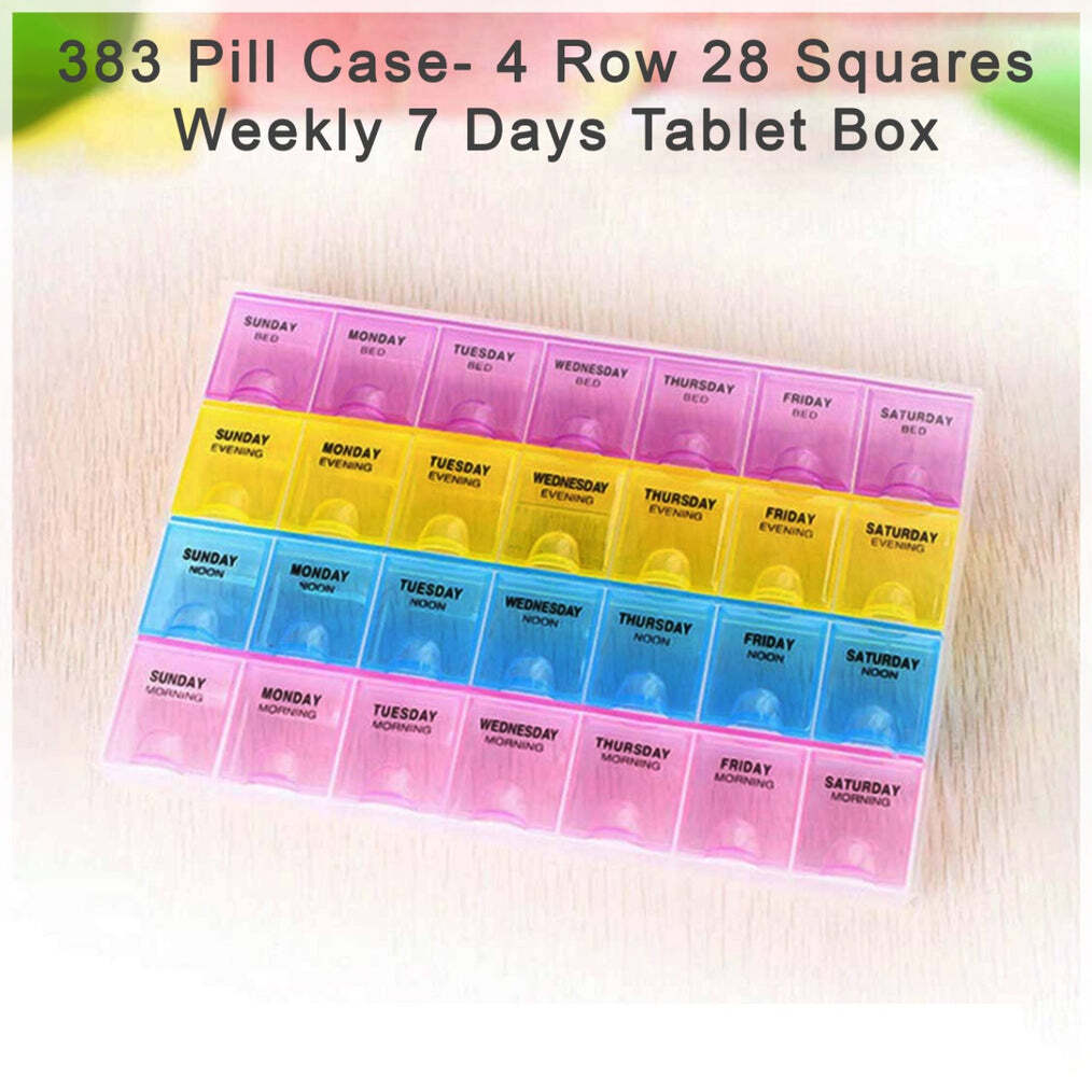 Pill Case - 4 Row 28 Squares, Transparent Body, Multicolored Design | Easy To Open, Visual Indications, Great For Pills Or Small Jewellery
