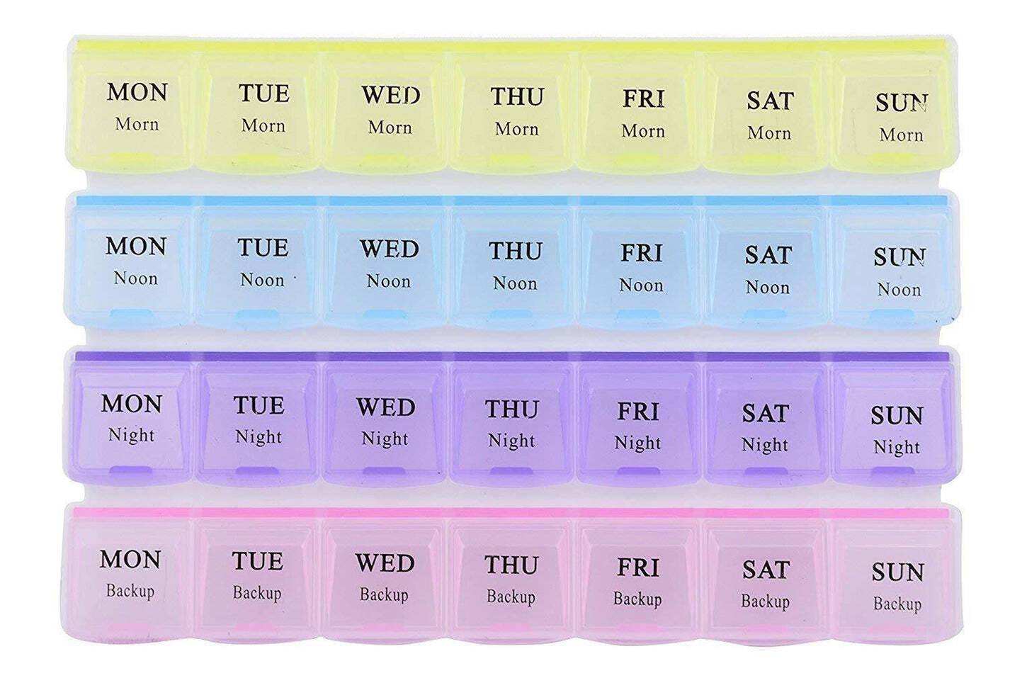 Pill Case - 4 Row 28 Squares, Transparent Body, Multicolored Design | Easy To Open, Visual Indications, Great For Pills Or Small Jewellery
