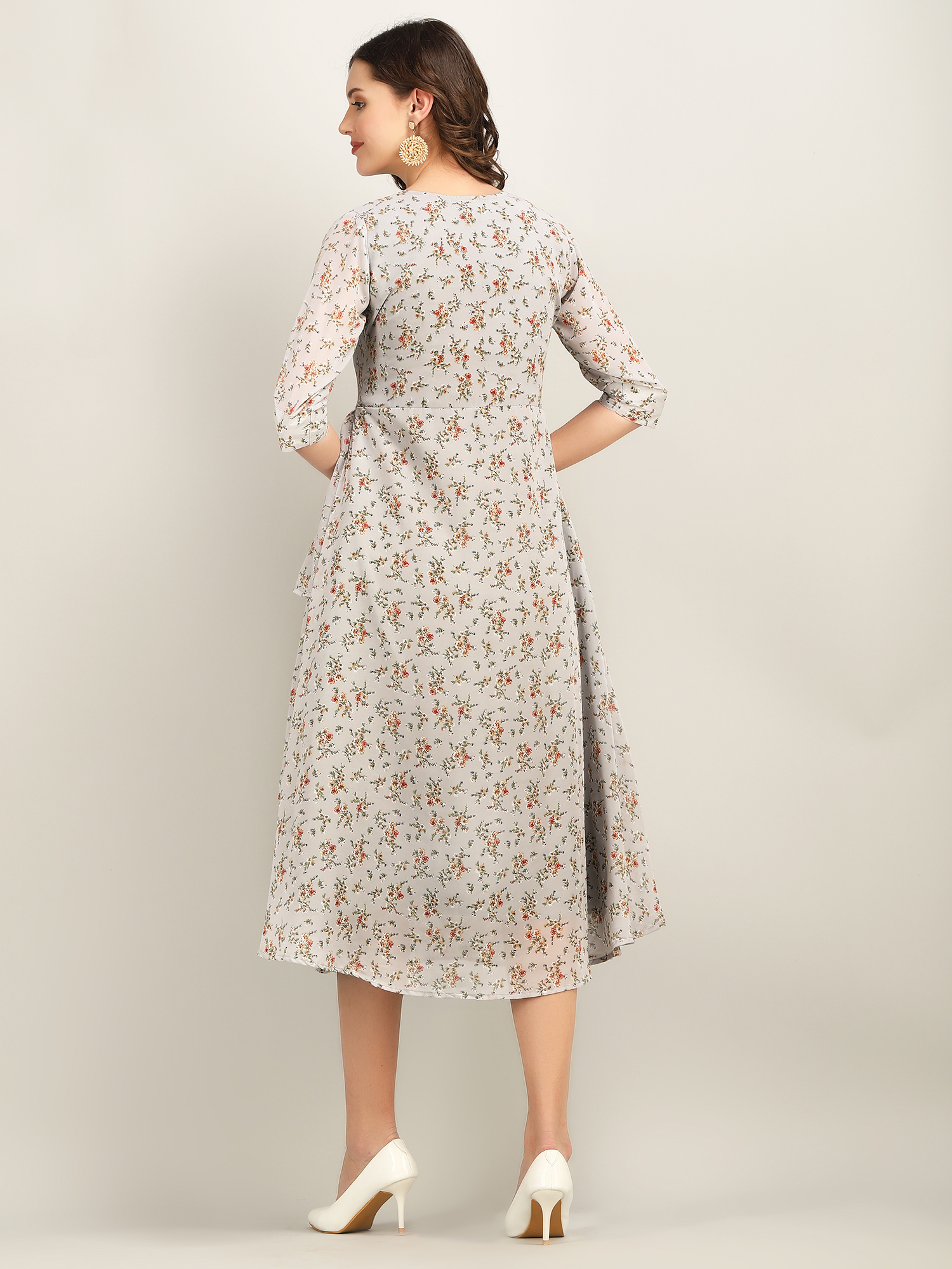 Grey Georgette Floral Print Long Kurti - V Neck, 3-4th Sleeve, Available In Multiple Sizes And Color Combinations, Perfect For Casual And Party Wear