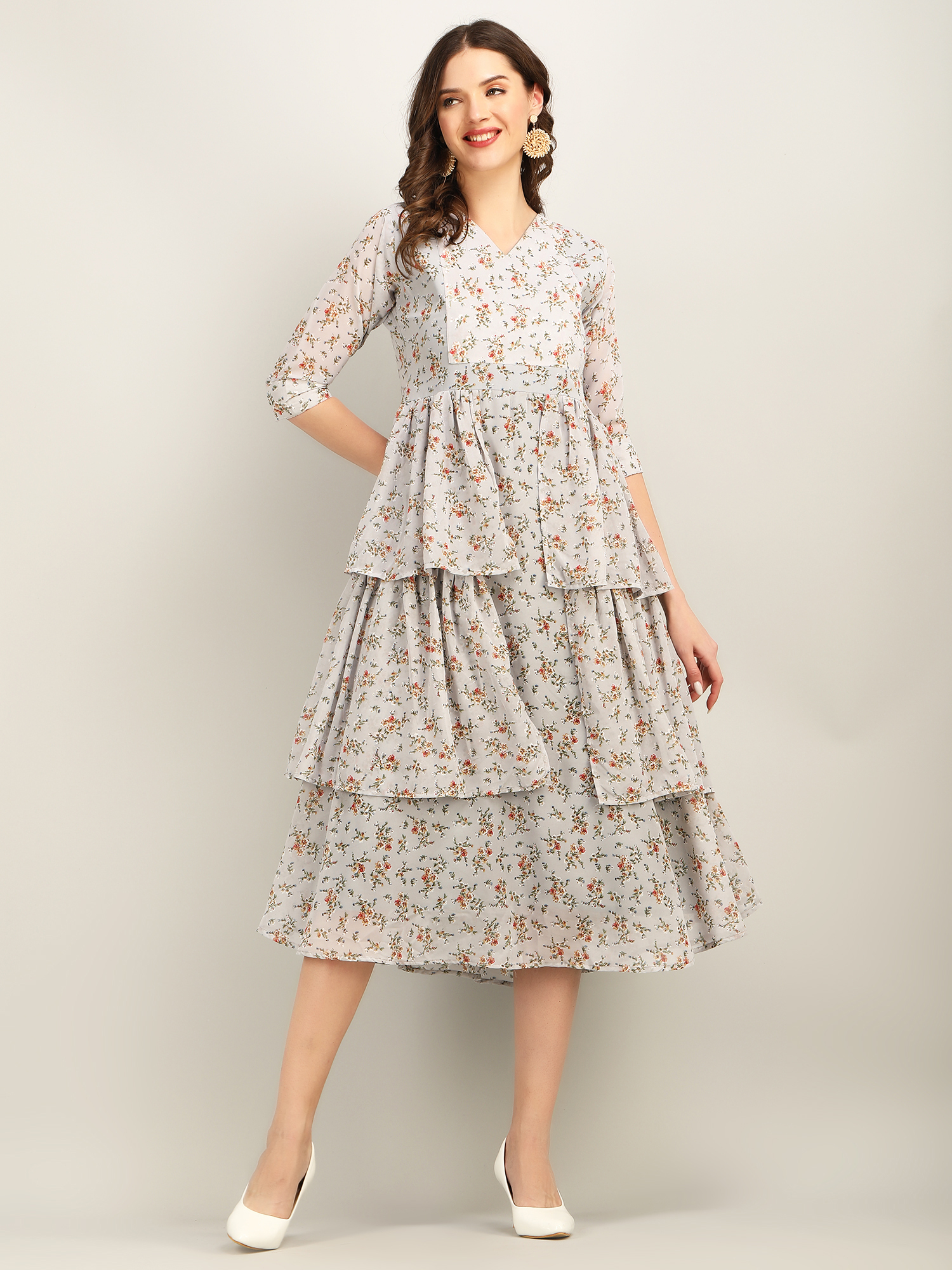 Grey Georgette Floral Print Long Kurti - V Neck, 3-4th Sleeve, Available In Multiple Sizes And Color Combinations, Perfect For Casual And Party Wear