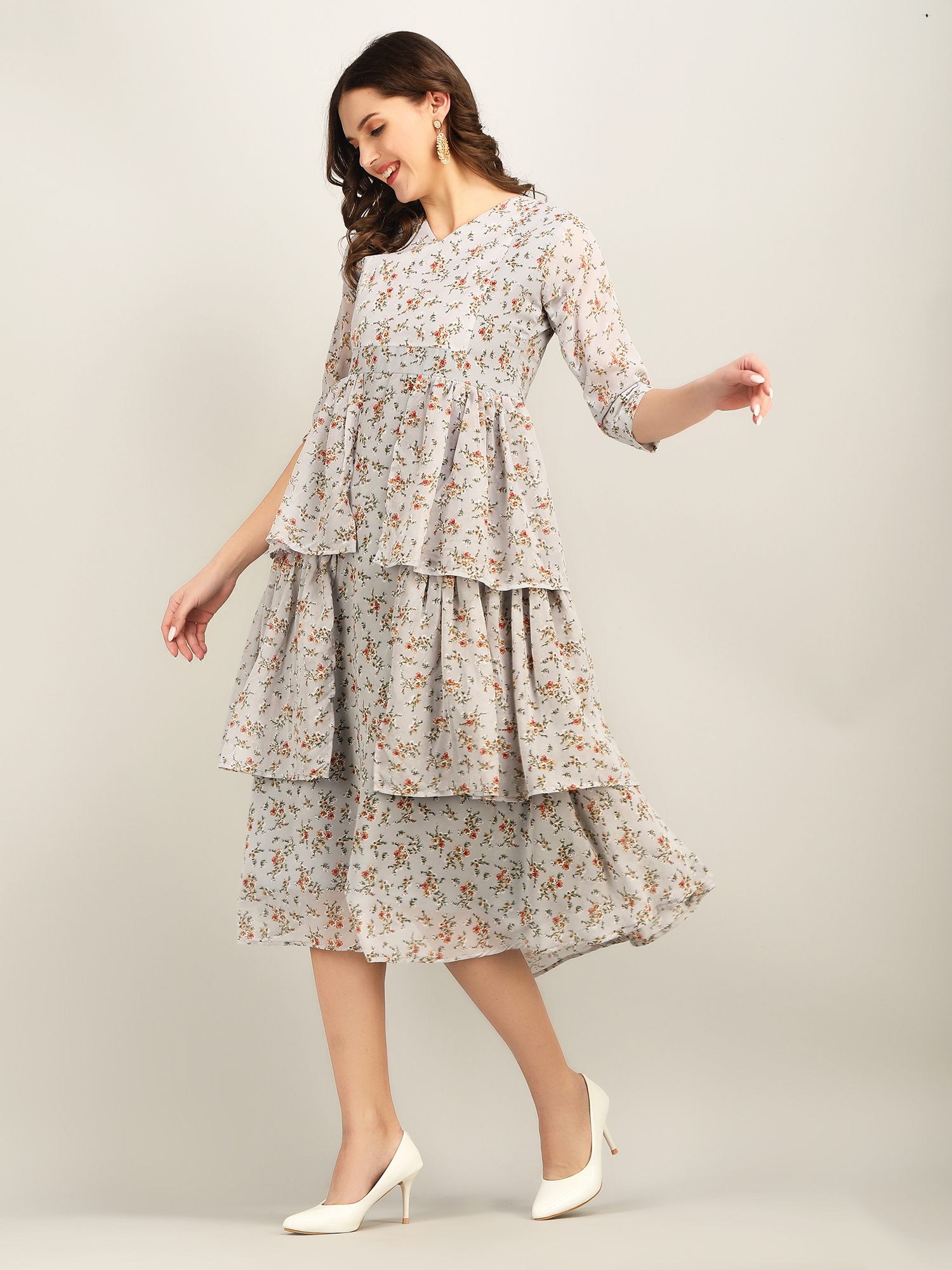 Grey Georgette Floral Print Long Kurti - V Neck, 3-4th Sleeve, Available In Multiple Sizes And Color Combinations, Perfect For Casual And Party Wear