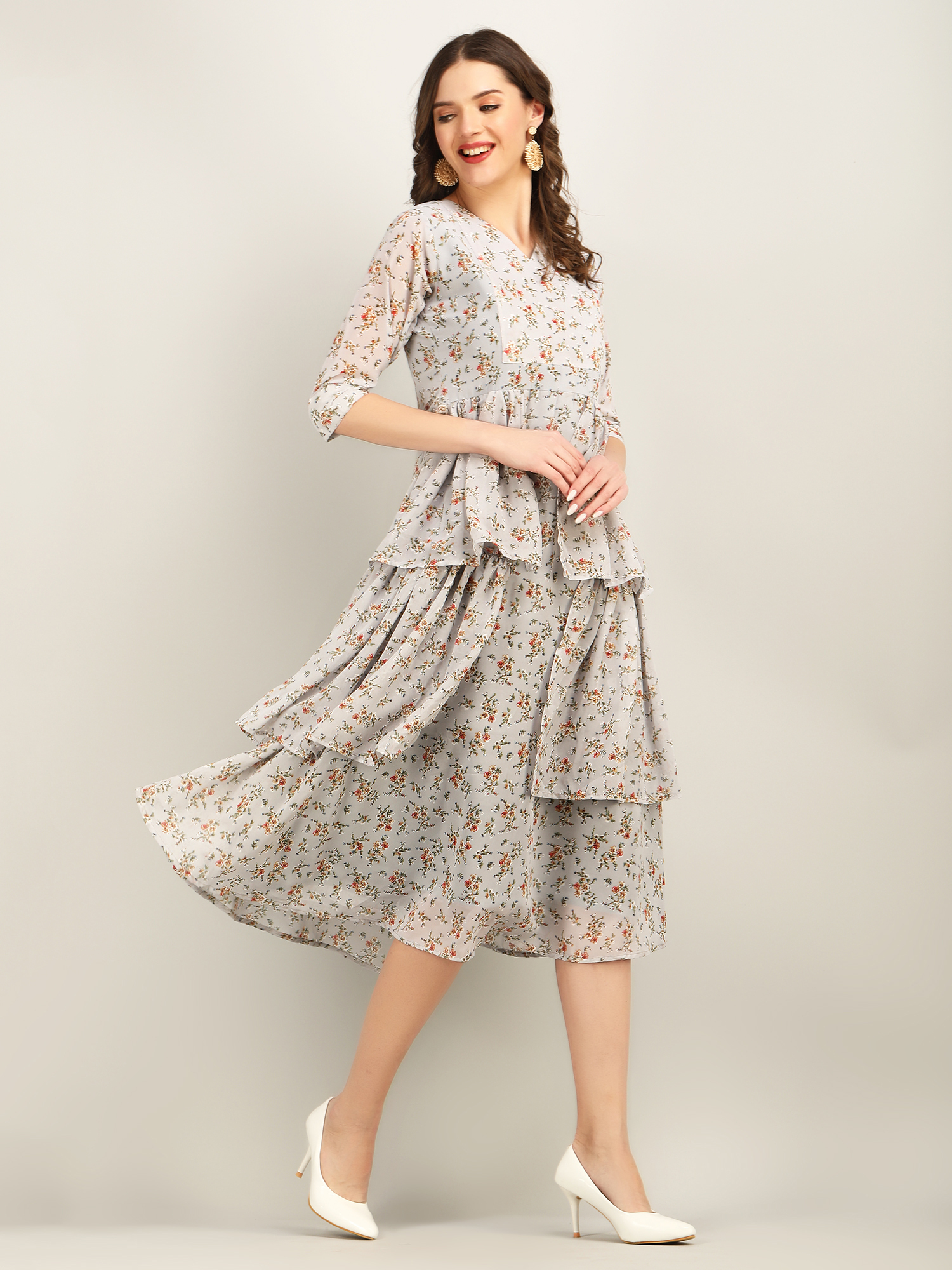 Grey Georgette Floral Print Long Kurti - V Neck, 3-4th Sleeve, Available In Multiple Sizes And Color Combinations, Perfect For Casual And Party Wear