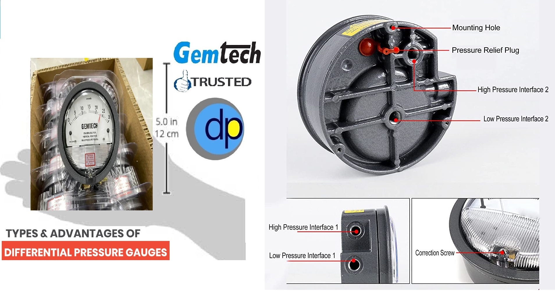 G2000 Gemtech Differential Pressure Gauge - Metal Alloy, 112 Mm Diameter, Matte Black Finish | Shock Resistant, Frictionless Movement, 2% Accuracy, Ideal For Medical And Industrial Applications