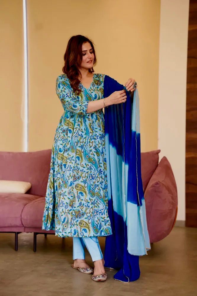 Digital Printed Faux Georgette Gown - Size Up To 42 Xl, Length 52-53 Inches | Features Heavy Diamond Outing Hand Work, Washable, All Season, Unstitched Dupatta With Lace Border