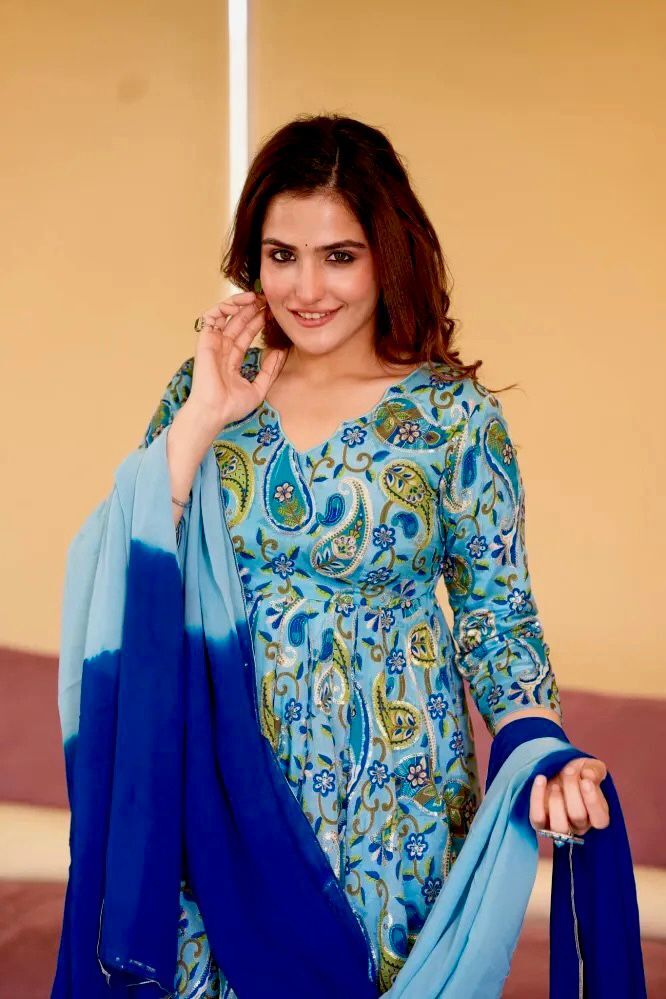 Digital Printed Faux Georgette Gown - Size Up To 42 Xl, Length 52-53 Inches | Features Heavy Diamond Outing Hand Work, Washable, All Season, Unstitched Dupatta With Lace Border