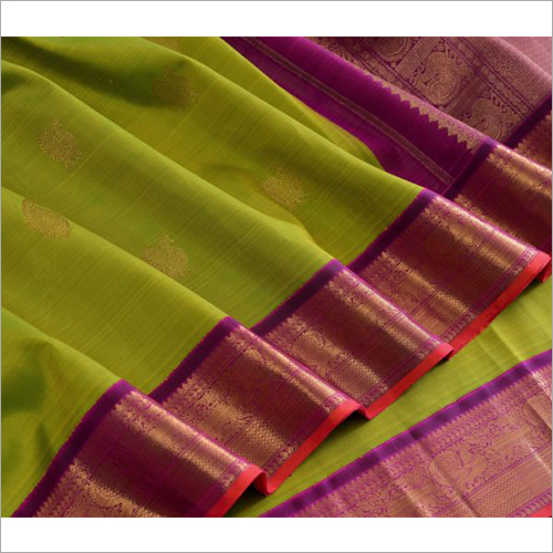 Silk Sarees - Cotton Silk Material, Green Color, Dotted Pattern | Bollywood Style With Patch Work And Bead Closure