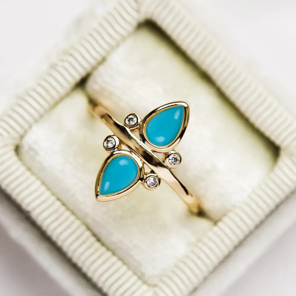925 Sterling Silver Turquoise Dual Teardrop Birthstone Ring Gender: Women