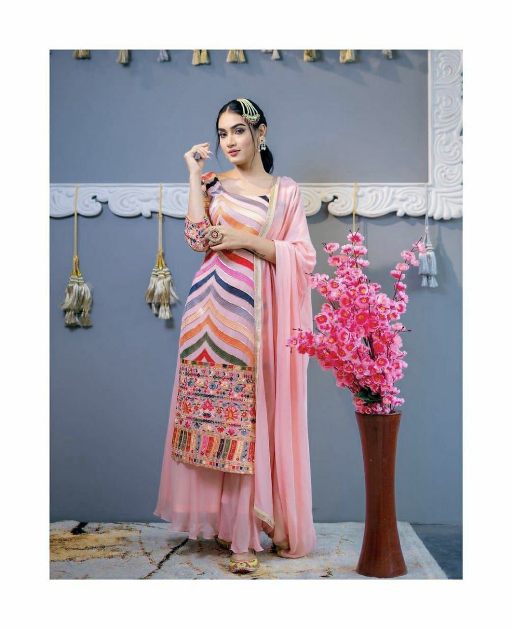 Designer Party Wear Heavy Georgette Top With Palazzo Suit - Full Stitched Up To 44, 41 Inch Length, Washable, Embroidered, Suitable For All Seasons, Includes Georgette Dupatta With Four-side Lace Border