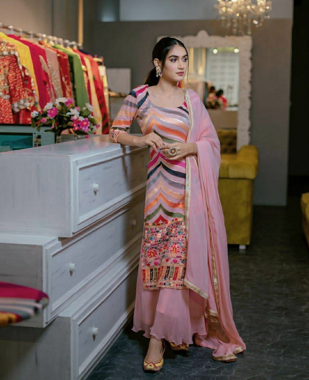 Designer Party Wear Heavy Georgette Top With Palazzo Suit - Full Stitched Up To 44, 41 Inch Length, Washable, Embroidered, Suitable For All Seasons, Includes Georgette Dupatta With Four-side Lace Border