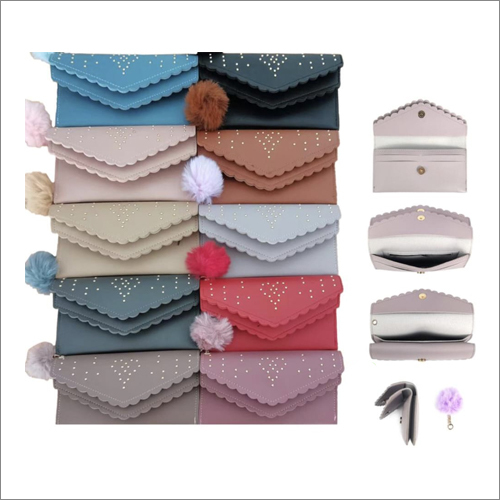 Double Fold Purse - Polyester Material, Standard Size, Customized Color Options | Spacious Two-Compartment Design, Stylish Pom Pom Key Chain, Elegant Stone Work
