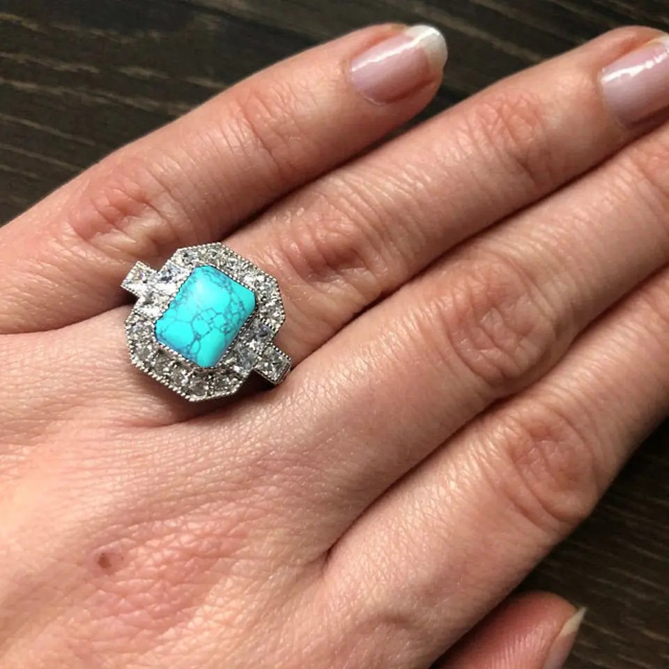 925 Sterling Silver Lab Created Emerald Cut Turquoise Ring Gender: Women